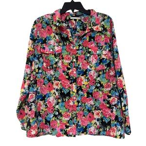 Notations Black Pink Long Sleeve Button Down Shirt Semi Sheer - Size XL